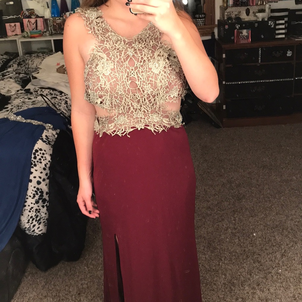 Maroon and champagne prom dress